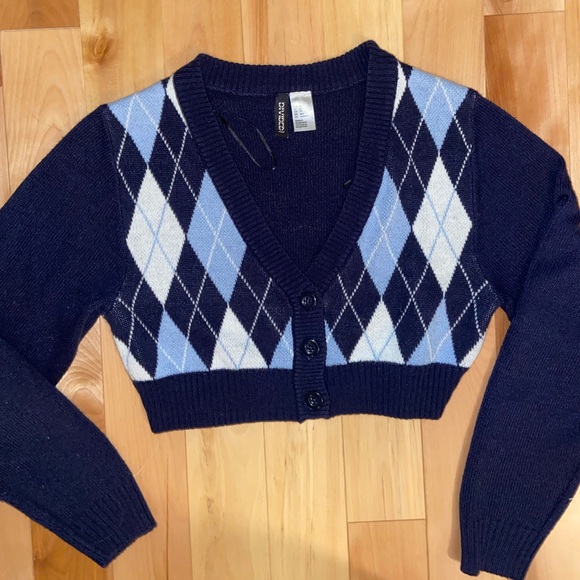H&M blue argyle cropped cardigan xs - Picture 7 of 8